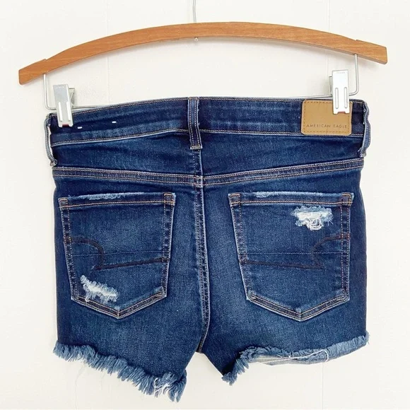 American Eagle dark wash destroyed denim shorts stretch hi-rise shortie‎ 0 - Picture 2 of 5